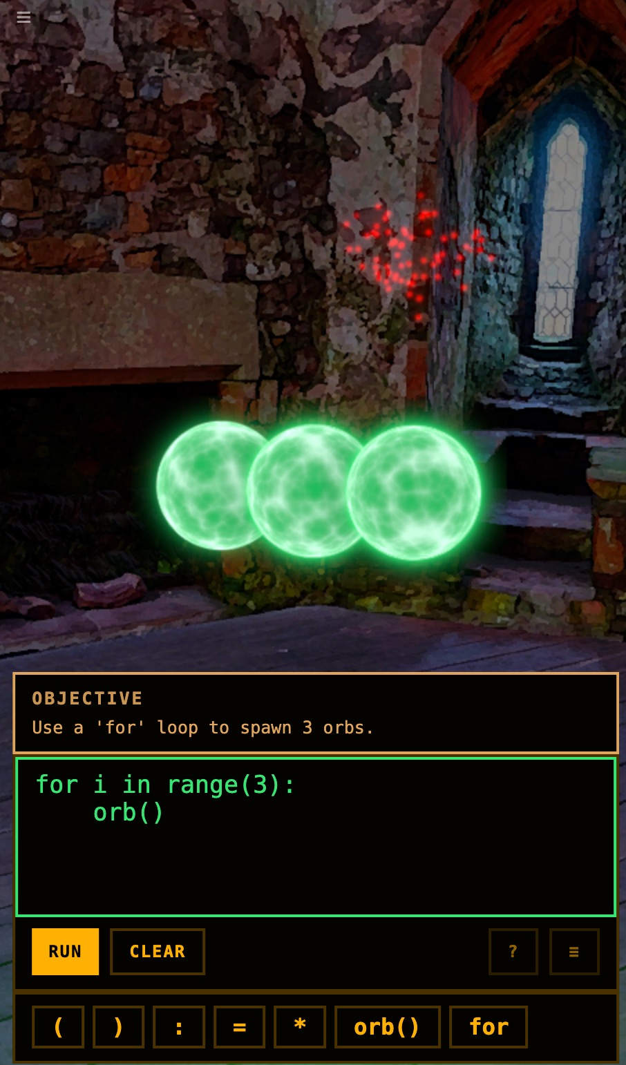 Trial 1 in progress: a for-loop spawning three glowing green orbs in a rendered stone chapel, with the code editor and objective panel below.